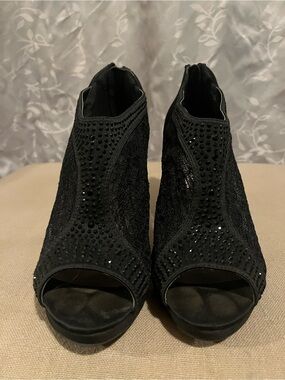Black Embellished Peep-Toe Heeled Booties